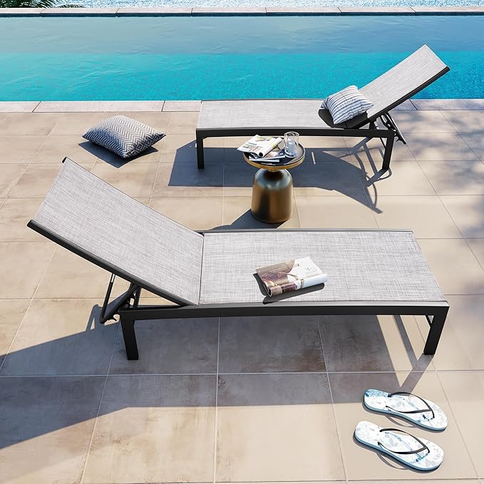 Crestlive Products Pool Lounge Chair Outdoor Set of 2, Aluminum Chaise Lounge Chairs, Adjustable Five-Position Tanning Recliner, All Weather for Patio, Beach, Yard, Pool (Grey Black)