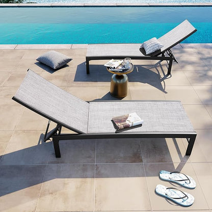 Crestlive Products Pool Lounge Chair Outdoor Set of 2, Aluminum Chaise Lounge Chairs, Adjustable Five-Position Tanning Recliner, All Weather for Patio, Beach, Yard, Pool (Grey Black)