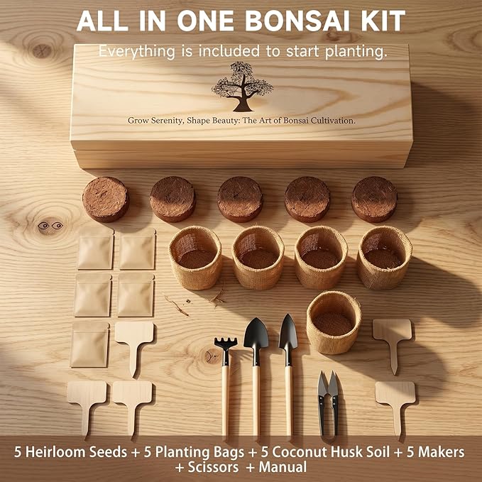 5X Bonsai Starter Kit, Bonzai Seed Kits, Durable Planting Bags, Complete Indoor Starter Kit for Growing Bonsai Plants, Gardening Gifts for Women & Men