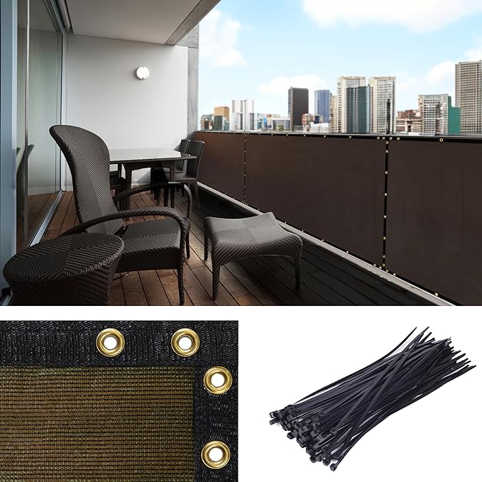 Amgo Custom Made 3' x 76' Brown Balcony Privacy Screen, Apartment Porch Railing Patio Fence Windscreen Fabric Cloth, Heavy Duty, Commercial and Residential, 90% Blockage (We Customize)