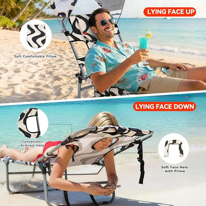 Tanning Chair with Face Hole for Adults, Outdoor Folding Lounge Chair with Canopy and Side Table for Phone Drink Tablet, 4 Position Adjustable Backrest, Lay Flat Chaise Lounger for Beach Patio Pool
