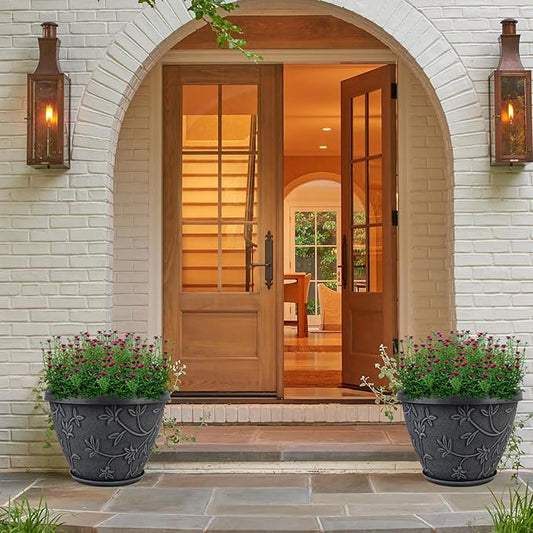 Nooulap 4 Pack 12 Inch Plant Pots for Outdoor Indoor, Plastic Flower Pots with Drainage Hole & Saucer, Modern Decorative Large Garden Pot, Imitation Magnolia Pots for Garden House Planters（Gray）