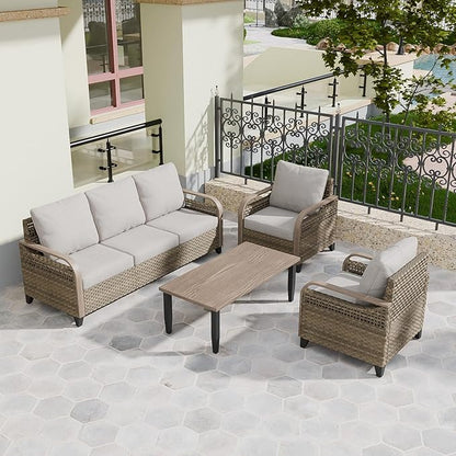COOS BAY Modern Wicker Outdoor Furniture Set, Patio Conversation Set with Patio Chairs, 3 Seat Couch, and Side Table, 4 Piece, Brown/Gray
