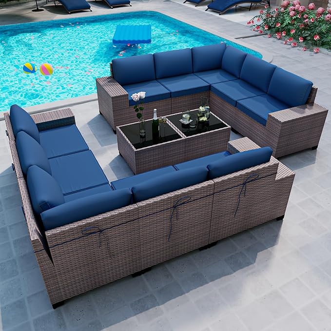12PCS Outdoor Patio Furniture Set,PE Rattan Wicker Patio Conversation Set with Washable Cushions & Glass Coffee Table,Patio Sectional Furniture Set for Garden, Poolside, Backyard,Navy