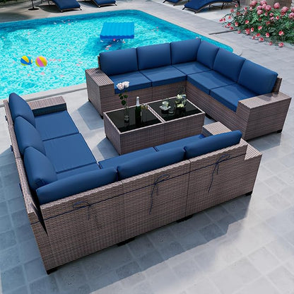 12PCS Outdoor Patio Furniture Set,PE Rattan Wicker Patio Conversation Set with Washable Cushions & Glass Coffee Table,Patio Sectional Furniture Set for Garden, Poolside, Backyard,Navy