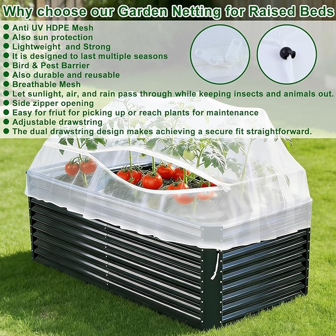 1 Pack Garden Netting for Raised Beds, Fine Mesh Bird Netting Barrier Screen with Zipper Drawstring Garden Bed Plant Cover for Protect Vegetable Fruits Crop from Animals Pest Insect, 6.3×3.3×2Ft