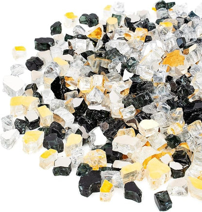 Mr. Fireglass 10 Pounds Blended Reflective Fire Glass for Fire Pit Fireplace and Landscaping, 1/2 Inch Mixed Colored High Luster Fireglass Rocks for Outdoor and Indoor Use Gold+Onyx Black+Platinum