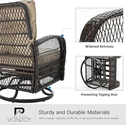 3 Pieces Patio Furniture Set, Outdoor Swivel Glider Rocker, Wicker Patio Bistro Set with Rocking Chair, Thickened Cushions and Table for Porch (Khaki)