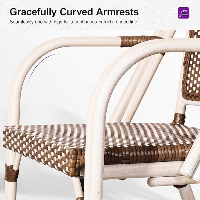 PURPLE LEAF French Bistro Chairs Set of 2 Patio Dining Chairs Hand-Woven Aluminum Wicker Rattan Armchairs for Kitchen Porch Garden White Print Finish Brown