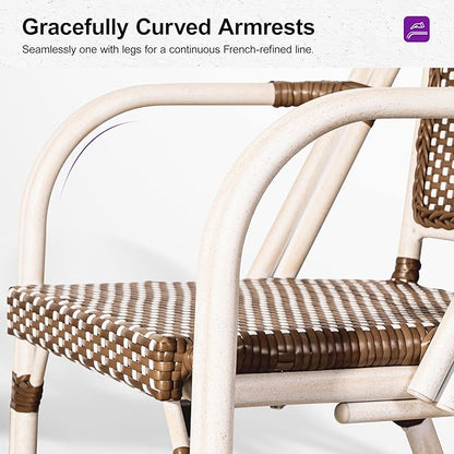 PURPLE LEAF French Bistro Chairs Set of 2 Patio Dining Chairs Hand-Woven Aluminum Wicker Rattan Armchairs for Kitchen Porch Garden White Print Finish Brown