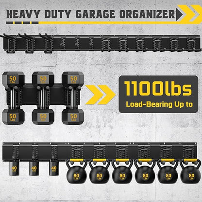 96" Garage Tool Organizer Wall Mount, 1250lbs Heavy Duty Garden Tool Storage Rack with 15 Adjustable Hooks for Yard, Shed, Garage (6 Racks, 15 Hooks, 2 Straps, Steel)