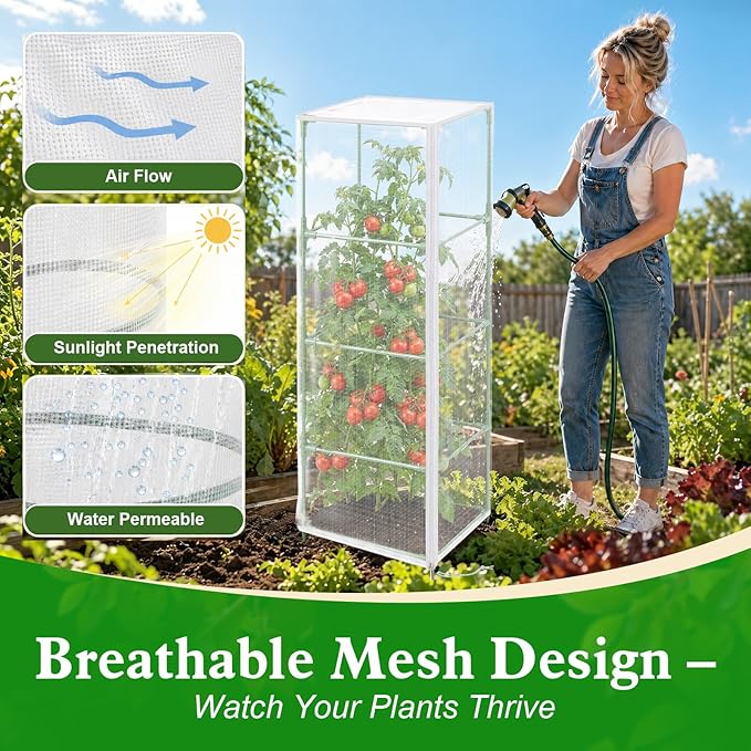 3 Pcs Tomato Netting for Garden Protection, 57" X 17.7" X 17.7" Square Tomato Cage Insect Barrier Plant Netting Mesh Cover with Zipper & Drawstring, for Vertical Climbing Plants Vegetables Fruits