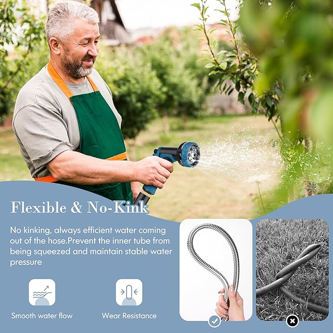 Garden Hose 50FT, Water Hose with 10 Function Nozzle, Garden Hose with Leak-proof Connectors, No-Kink, Lightweight, Puncture-proof,550PSI, Hose for Outdoor, Yard