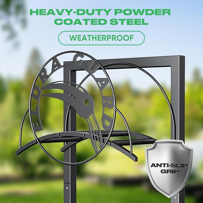 FLORA GUARD Garden Hose Holder Stand for Outside, Heavy Duty Freestanding Hose Hanger with 4 Long Spikes, Holds 160 ft Hose, Rustproof Metal Hose Storage Rack for Yard Lawn