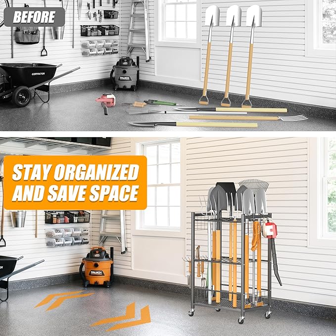 Ultrawall Garden Tool Organizer with Wheels, Yard Tool Storage Stand for Garage, Shed Tool Storage for Rake, Brooms, Tools Rolling Cart Indoor & Outdoor Use