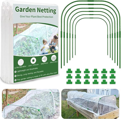 Garden Netting Kit for Raised Bed, 8X20FT Ultra Fine Mesh Netting with 6 Sets Garden Hoops & 18pcs Clips, Reusable Plant Row Cover Bird Netting for Garden Protection