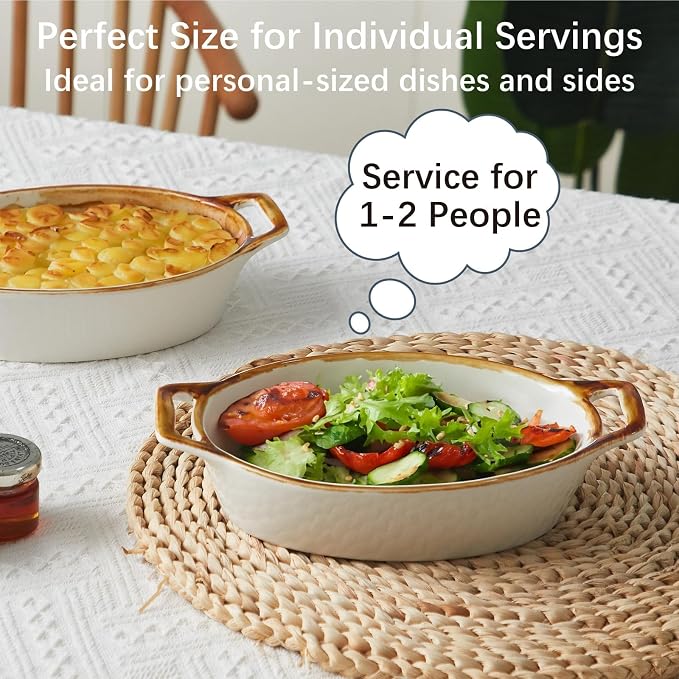 ONEMORE Au Gratin Baking Dish Set of 4, Oval White Ceramic Mini Casserole Dishes with Brown Rim, Oven Safe, 20 oz 6x8 Inches, Ideal for Individual Serving, Lasagna, Quiche