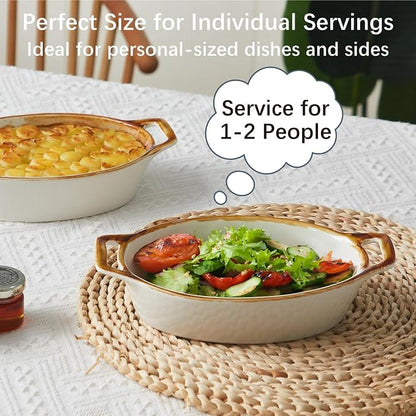 ONEMORE Au Gratin Baking Dish Set of 4, Oval White Ceramic Mini Casserole Dishes with Brown Rim, Oven Safe, 20 oz 6x8 Inches, Ideal for Individual Serving, Lasagna, Quiche