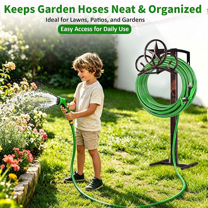 Garden Hose Holder Stand, Decorative Vintage Rustic Hose Rack with Star Design, Heavy Duty 41" Tall Metal Hose Storage for Yard/Lawn/Farm, Freestanding Hose Holder Holds up to 160Ft Hose