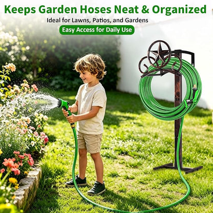 Garden Hose Holder Stand, Decorative Vintage Rustic Hose Rack with Star Design, Heavy Duty 41" Tall Metal Hose Storage for Yard/Lawn/Farm, Freestanding Hose Holder Holds up to 160Ft Hose