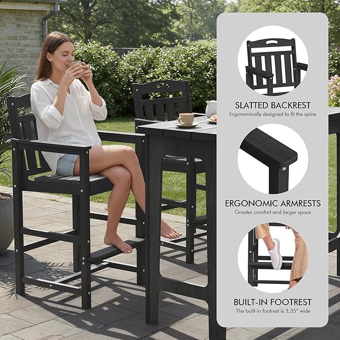Ciokea Heavy-Duty Outdoor Bar Set, Rectangle High Top Table and 2 Oversized Adirondack Chairs Set, HDPE Modern Patio Bar Set for Outside Bistro Backyard Balcony Deck Outside, Black
