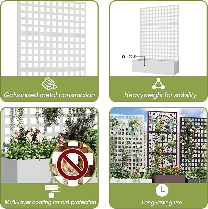 Metal Planter Box with Trellis, 71"x 47"x 16" Raised Garden Bed with Trellis, Planter Box Trellis with Privacy Screen and Drainage Holes, White