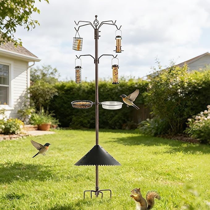 Bird Feeder Station Kit - Wild Bird Feeder Pole with Multi Feeder, Suet Cage, Planter Hanger with Squirrel Guard Baffle for Attracting Birds