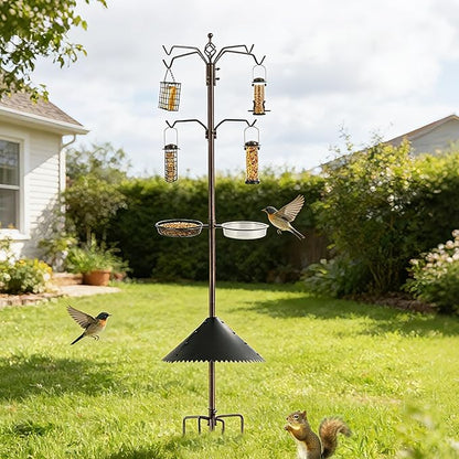 Bird Feeder Station Kit - Wild Bird Feeder Pole with Multi Feeder, Suet Cage, Planter Hanger with Squirrel Guard Baffle for Attracting Birds