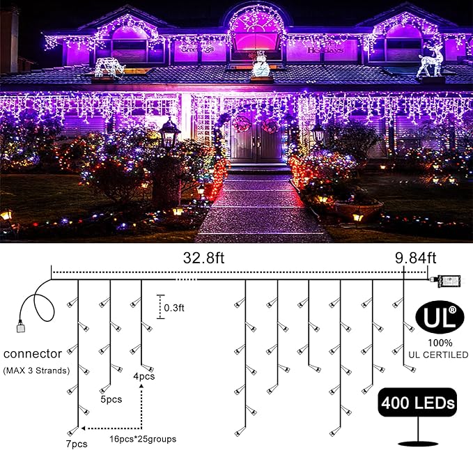 400 LED Icicle Lights for Outside 33ft Purple Christmas Lights Outdoor 8 Modes with 75 Drops Waterproof Christmas Icicle Light Plug in for Indoor House Party Holiday Decorations