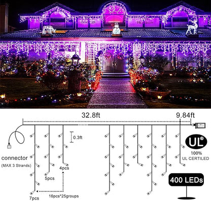 400 LED Icicle Lights for Outside 33ft Purple Christmas Lights Outdoor 8 Modes with 75 Drops Waterproof Christmas Icicle Light Plug in for Indoor House Party Holiday Decorations