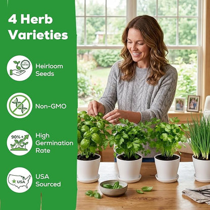 Indoor Herb Garden Starter Kit - Mothers Day Gifts - 4 Non GMO, Heirloom Culinary Herb Seeds, Unique Gardening Gift for Women, Mom, Her, Birthday, Housewarming, Plant Lovers