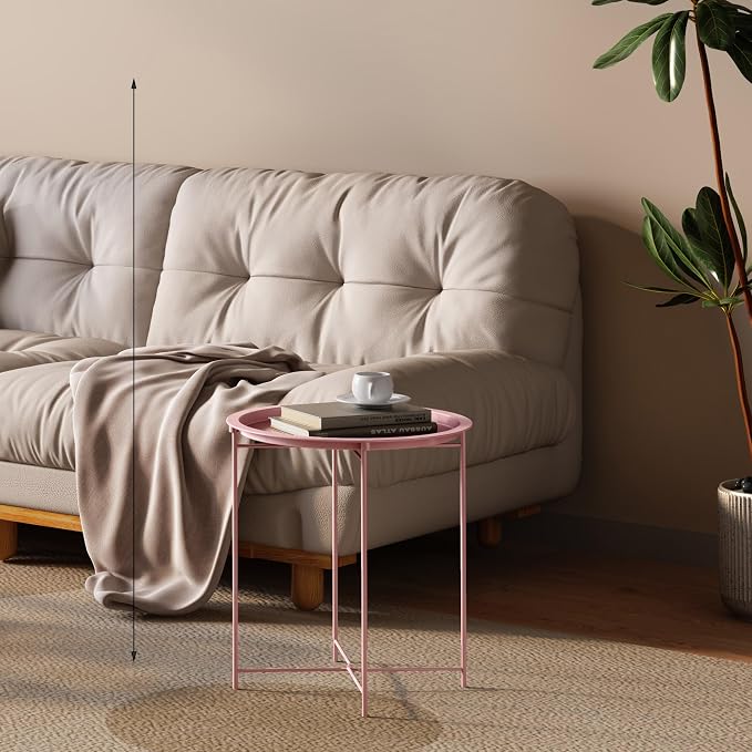End Table Set of 2,Pink Outdoor Side Table, Small Patio Round Folding Metal Side Tables for Outdoor,Living Room,Bedroom Balcony and Office, 2 PCS