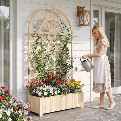 Giantex Wooden Raised Garden Bed with Arched Trellis, 71” Fir Wood Outdoor Elevated Planter Box Privacy Screen with Drainage Holes, Vertical Garden Bed for Climbing Plants, Patio Balcony Backyard