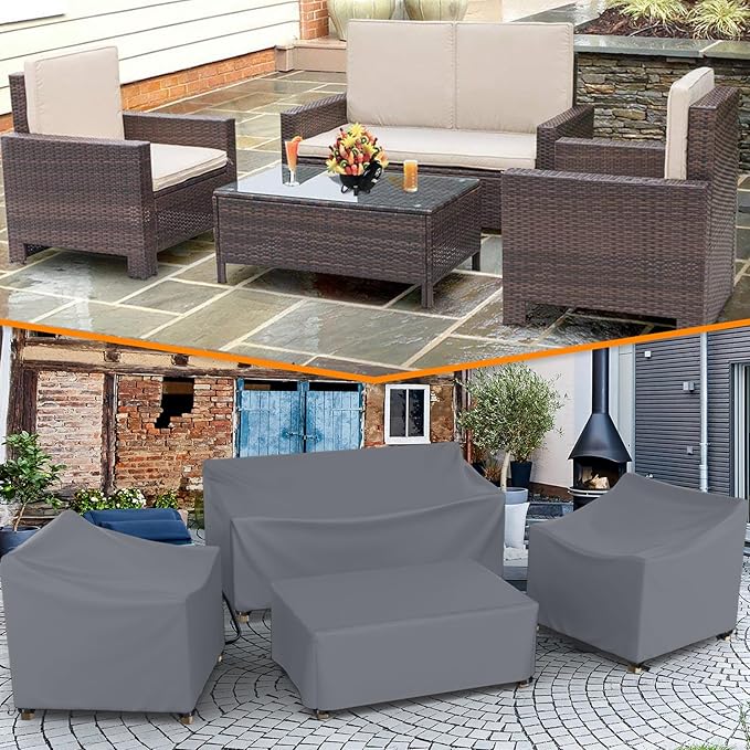 Patio Furniture Covers Set 4 Piece Outdoor Furniture Cover Waterproof, 600D Heavy Duty Lawn Outdoor Patio Furniture Set Covers - Grey Large