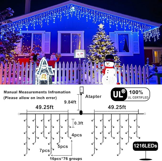 Icicle Christmas Lights Outdoor 99ft 1216 LED Icicle Lights for Outside 8 Modes with 228 Drops, Waterproof Plug in Blue Christmas Light for House Indoor Party Holiday Wedding Halloween Decorations