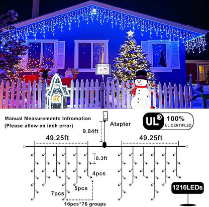 Icicle Christmas Lights Outdoor 99ft 1216 LED Icicle Lights for Outside 8 Modes with 228 Drops, Waterproof Plug in Blue Christmas Light for House Indoor Party Holiday Wedding Halloween Decorations
