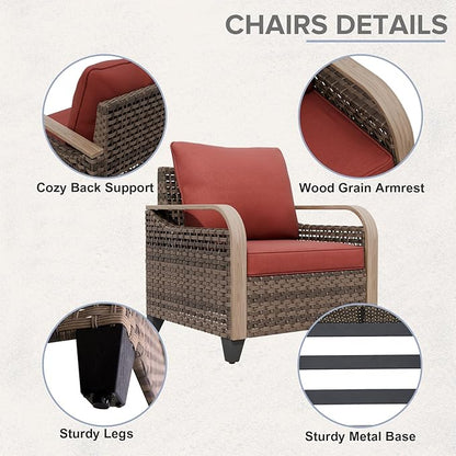 COOS BAY Modern Wicker Outdoor Furniture Set, Patio Conversation Set with Patio Chairs, 2 Seat Loveseat, Coffee Table and Side Table, 5 Piece, Brown/Red