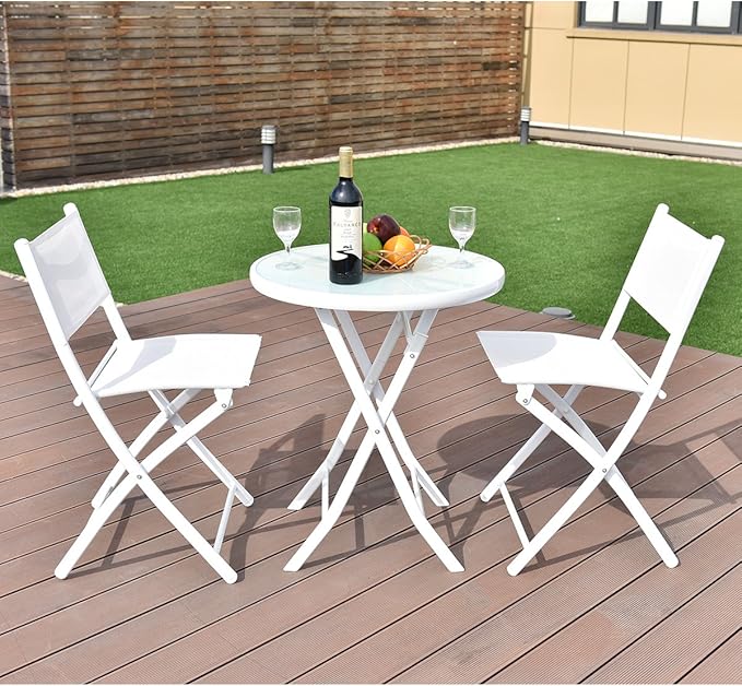 Giantex Bistro Table Set, 3 Piece Patio Bistro Set, Outdoor Folding Table and Chairs, Foldable Patio Dining Set, Porch Furniture Set Garden Backyard Metal Frame No Assembly, White