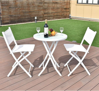 Giantex Bistro Table Set, 3 Piece Patio Bistro Set, Outdoor Folding Table and Chairs, Foldable Patio Dining Set, Porch Furniture Set Garden Backyard Metal Frame No Assembly, White