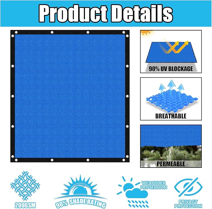 Amagenix 90% Pergola Shade Cover 5' X 14' Sun Shade Cloth with Grommets for Outdoor Garden Patio Porch, Commercial Grade 200 GSM - Cable Zip Ties Included (We Customized) GN108, Blue