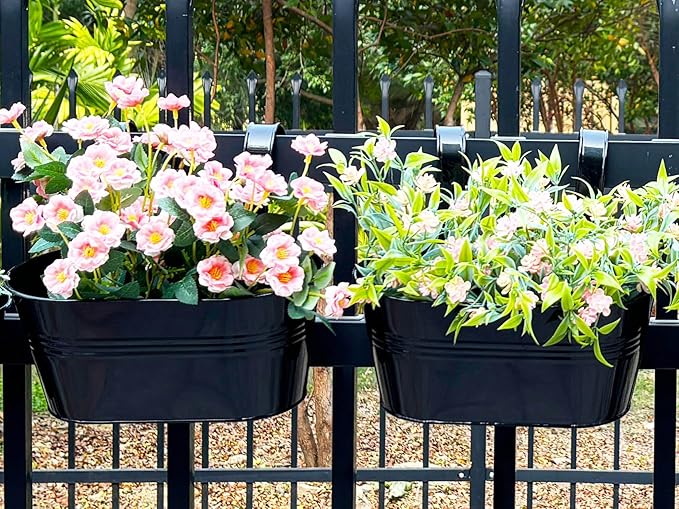 12" Balcony Railing Planters, Outdoor Hanging Planter for Fence, Stylish Metal Porch Deck Flower Pot for Herbs & Succulents (Black, Pack of 6)