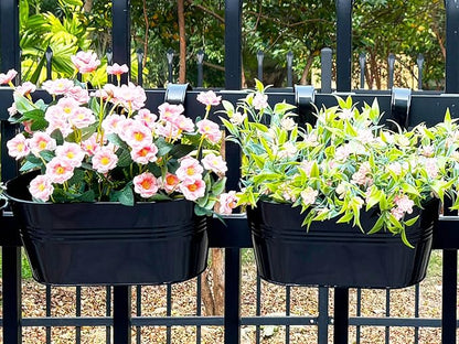 12" Balcony Railing Planters, Outdoor Hanging Planter for Fence, Stylish Metal Porch Deck Flower Pot for Herbs & Succulents (Black, Pack of 4)