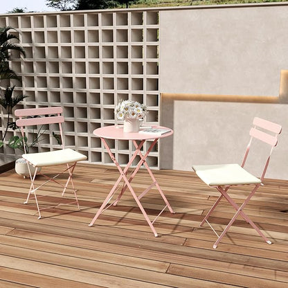 3-Piece Patio Bistro Set Outdoor Furniture Set Folding Bistro Table and Chairs with Premium Steel Frame Weather Resistant Conversation Set for Bistro Balcony Porch Yard Garden(pink with cushion)