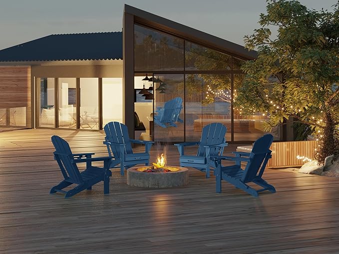 MUCHENGHY Folding Adirondack Chairs HDPE Weather Resistant 4 Pack, Patio Firepit Chairs, Sturdy Outside Chair, Lawn Chairs, 15min Assembly 380lb, Royal Blue