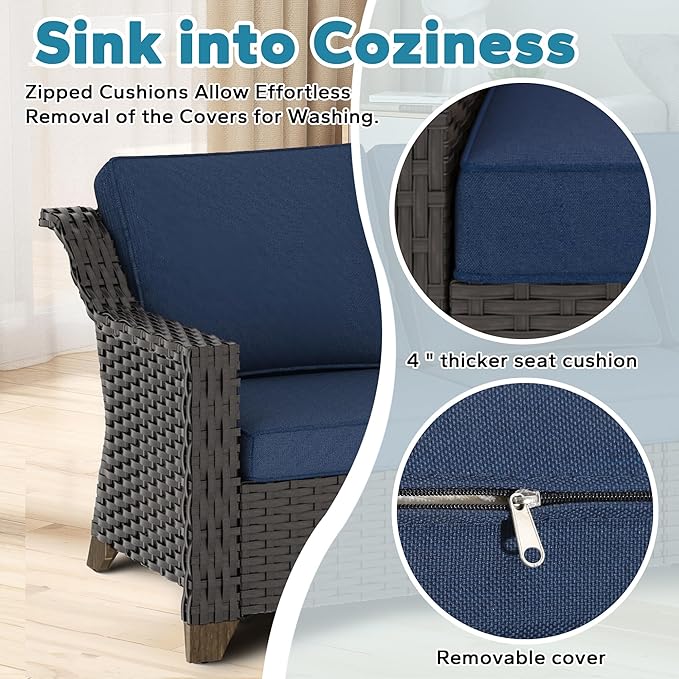 3 Pieces Outdoor Conversation Furniture Set - 77" Patio Sofa, 2 Rattan Wicker Ottomans, Patio Wicker Couch Set with Water-Resistant for Sunroom, Deck, Porch (Navy Blue)