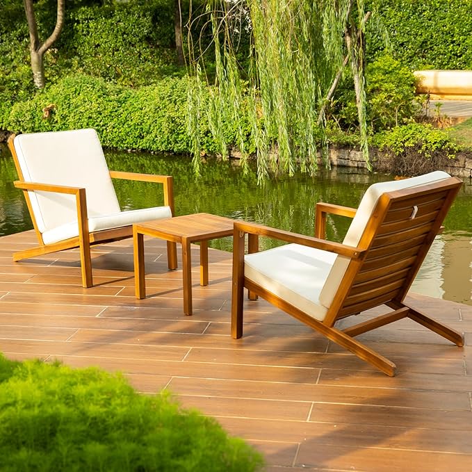 IDZO Natural 3-Piece Patio Bistro Sets with Foldable 400lbs Weight Chairs, a 220lbs Shelf Table, Made from FSC-Certified Acacia Wood, Featuring Washable Cushions and an Ergonomic Design