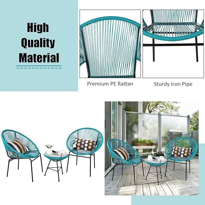 COSTWAY 3-Piece Outdoor Acapulco Chair Set, Wicker Conversation Bistro Sets with Plastic Rope, Glass Top Table, Patio Rattan Furniture Set for Garden, Balcony, Lawn, Backyard, Apartment, Turquoise