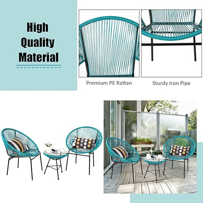 COSTWAY 3-Piece Outdoor Acapulco Chair Set, Wicker Conversation Bistro Sets with Plastic Rope, Glass Top Table, Patio Rattan Furniture Set for Garden, Balcony, Lawn, Backyard, Apartment, Turquoise