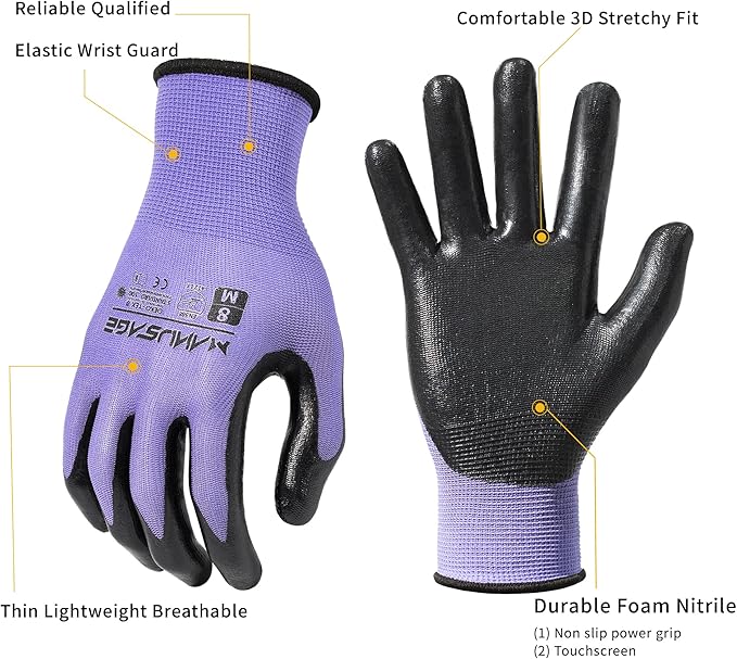 Safety Work Gloves for Men and Women - Nitrile With Touchscreen Fingers and Grip - Mechanics Gloves (Size XXL, Purple, 24-Pairs)