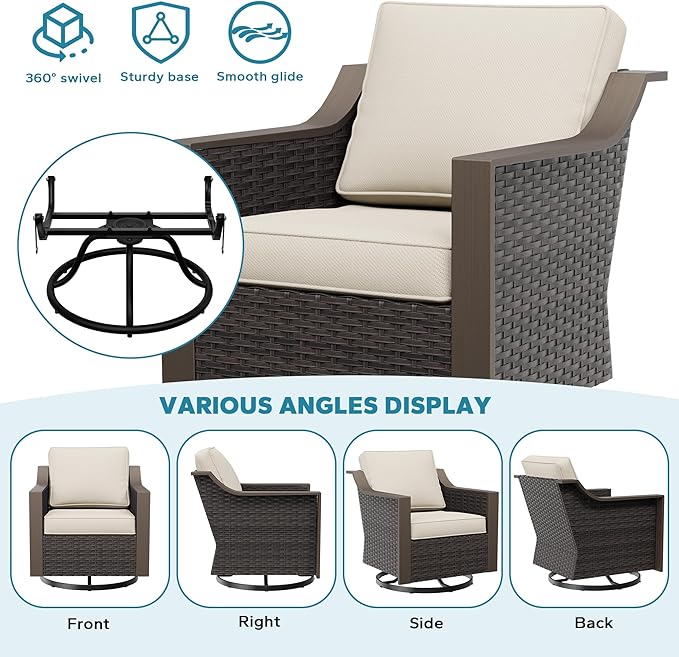 Patio Metal Swivel Chairs with Ottomans Set of 2, Conversation Furniture Set - 360 Degree Glider Rocker Chairs | 2 Wicker Ottomans, Washable Cushions (Beige and Brown Stripe)